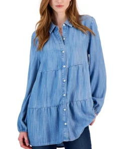Style & Co Women's Tiered Button-Up Long-Sleeve Chambray Shirt, Created For Macy's