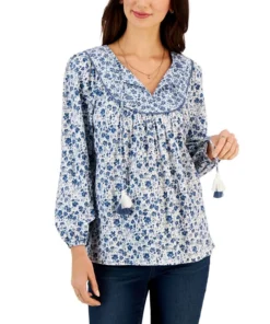 Style & Co Women's Floral Printed Tasseled Peasant Top, Created For Macy's