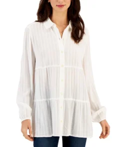 Style & Co Women's Textured-Stripe Tiered Button Shirt, Created For Macy's