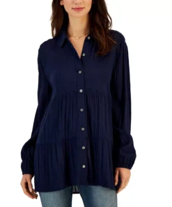 Style & Co Women's Textured-Stripe Tiered Button Shirt, Created For Macy's -CeCe cloth-shop 23314056 fpx