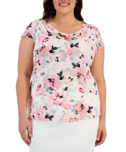 Kasper Plus Size Floral Knit Cowlneck Cap-Sleeve Top