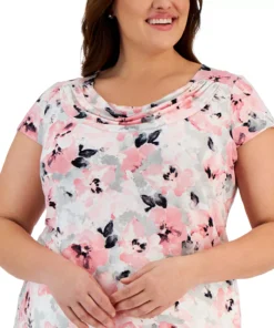 Kasper Plus Size Floral Knit Cowlneck Cap-Sleeve Top -CeCe cloth-shop 23314895 fpx