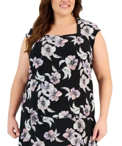Kasper Plus Size Floral Square-Neck Cap-Sleeve Blouse