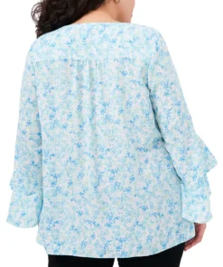 Vince Camuto Plus Size Printed Ruffle-Cuff 3/4-Sleeve Blouse 6 Vince Camuto Plus Size Printed Ruffle-Cuff 3/4-Sleeve Blouse -CeCe cloth-shop 23326516 fpx