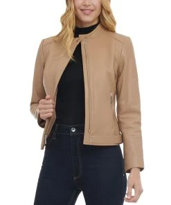 Michael Kors Women's Petite Zip-Front Leather Moto Jacket
