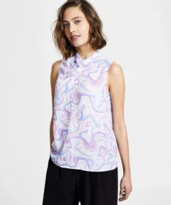 Bar III Women's Marble-Print Cowl Neck Sleeveless Blouse, Created For Macy's