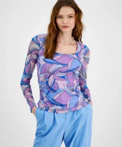 Bar III Women's Printed Ruched Square-Neck Long-Sleeve Top, Created For Macy's