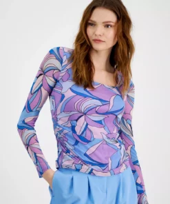 Bar III Women's Printed Ruched Square-Neck Long-Sleeve Top, Created For Macy's -CeCe cloth-shop 23359010 fpx