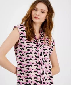Bar III Women's Printed Tie-Neck Cap-Sleeve Top, Created For Macy's -CeCe cloth-shop 23359014 fpx