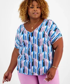 Bar III Plus Size Printed Seamed V-Neck Short-Sleeve Top, Created For Macy's