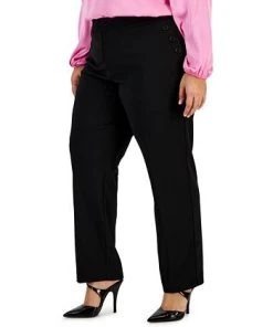 Bar III Plus Size Button-Detail Straight-Leg Pull-On Pants, Created For Macy's -CeCe cloth-shop 23359114 fpx
