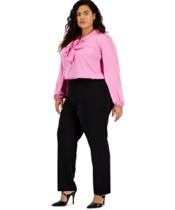 Bar III Plus Size Button-Detail Straight-Leg Pull-On Pants, Created For Macy's -CeCe cloth-shop 23359115 fpx