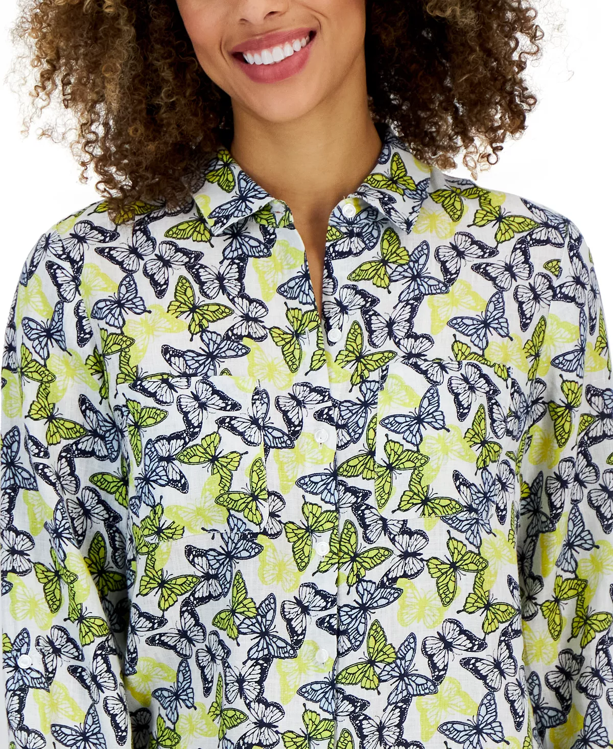 Charter Club Women's Linen Butterfly Tab-Sleeve Shirt, Created For Macy's 3 Charter Club Women's Linen Butterfly Tab-Sleeve Shirt, Created For Macy's - Image 3
