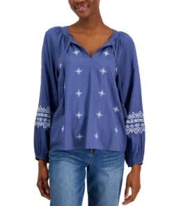 Style & Co Women's Drapey Embroidered Long-Sleeve Top, Created For Macy's -CeCe cloth-shop 23412369 fpx