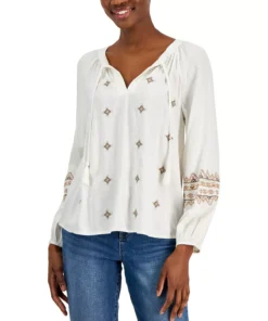 Style & Co Women's Drapey Embroidered Long-Sleeve Top, Created For Macy's -CeCe cloth-shop 23412370 fpx