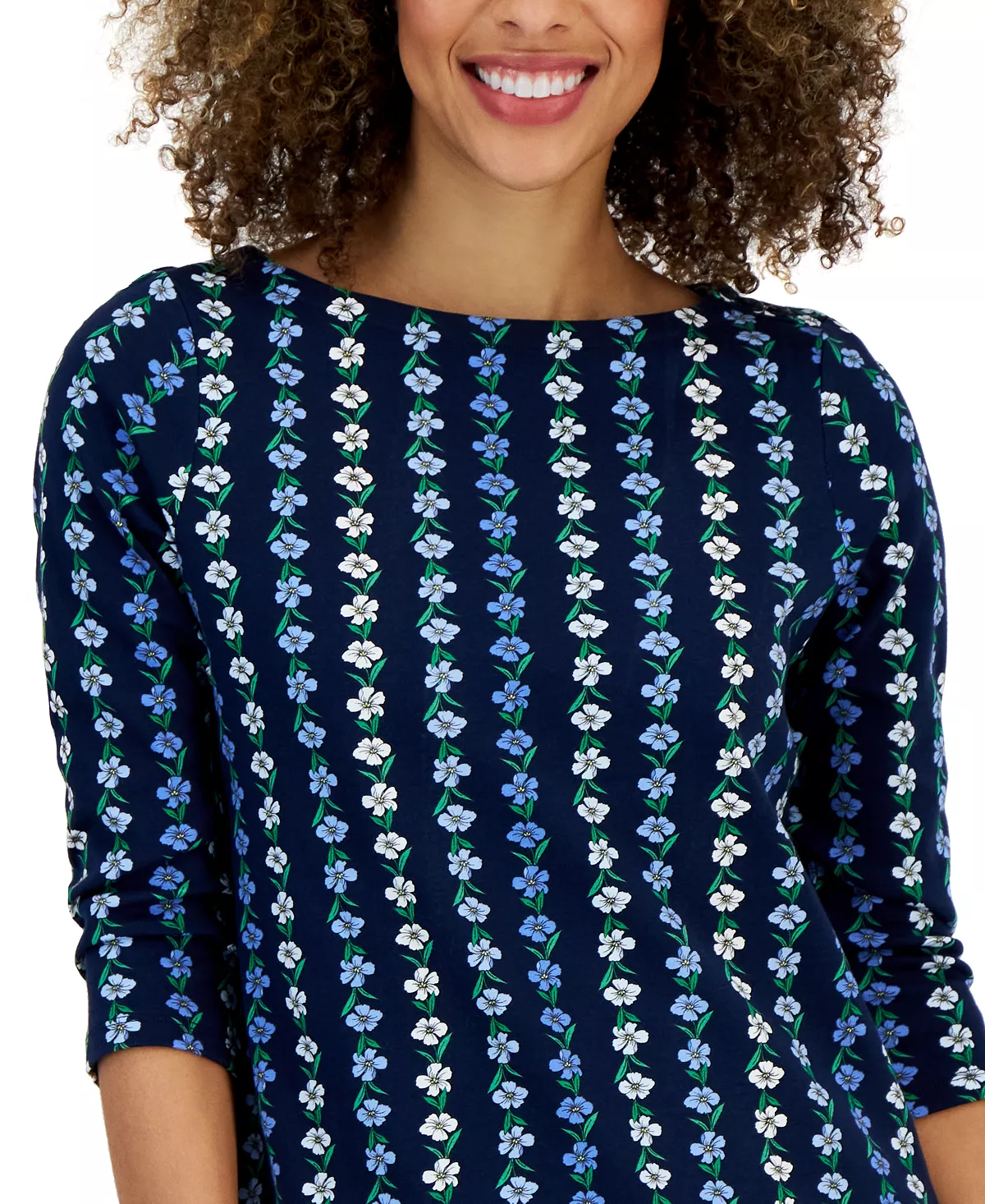 Charter Club Women's Floral Boat-Neck 3/4-Sleeve Top, Created For Macy's 3 Charter Club Women's Floral Boat-Neck 3/4-Sleeve Top, Created For Macy's - Image 3