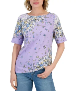 Karen Scott Women's Givery Garden Boat-Neck Elbow-Sleeve Top, Created For Macy's -CeCe cloth-shop 23439648 fpx