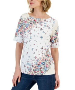 Karen Scott Women's Givery Garden Boat-Neck Elbow-Sleeve Top, Created For Macy's