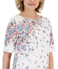 Karen Scott Women's Givery Garden Boat-Neck Elbow-Sleeve Top, Created For Macy's -CeCe cloth-shop 23439651 fpx