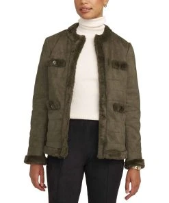 Anne Klein Women's Scuba Faux Suede Quilted Faux-Fur-Trim Jacket