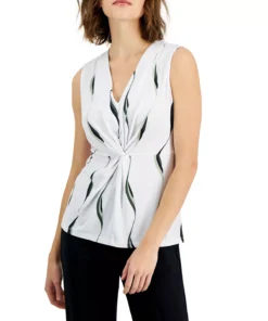 Alfani Women's Printed V-Neck Knot-Front Sleeveless Top, Created For Macy's -CeCe cloth-shop 23443958 fpx