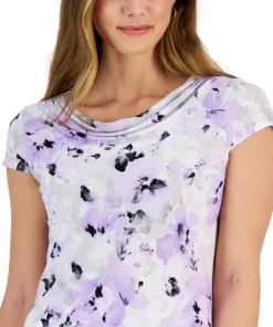 Kasper Women's Floral-Print Cap-Sleeve Cowlneck Top, Created For Macy's -CeCe cloth-shop 23491072 fpx