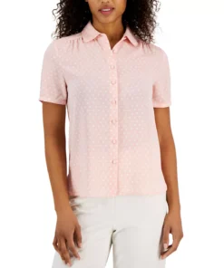 Anne Klein Women's Dot-Print Short-Sleeve Button-Up Top -CeCe cloth-shop 23504095 fpx
