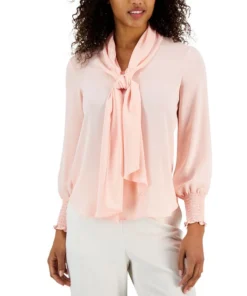 Anne Klein Women's Chiffon Smocked-Cuff Bow Blouse