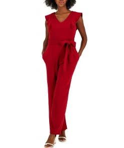 Kasper Scuba Crepe V-Neck Flutter-Sleeve Belted Jumpsuit