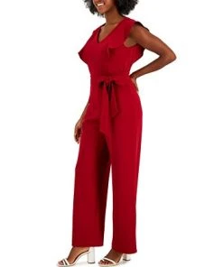 Kasper Scuba Crepe V-Neck Flutter-Sleeve Belted Jumpsuit -CeCe cloth-shop 23530933 fpx