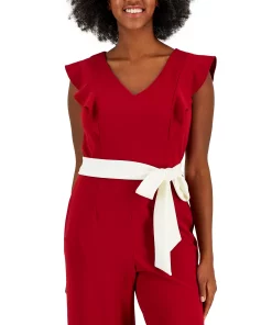 Kasper Scuba Crepe V-Neck Flutter-Sleeve Belted Jumpsuit -CeCe cloth-shop 23530934 fpx