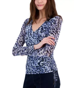 INC International Concepts Women's Printed Mesh Side-Tie Top, Created For Macy's -CeCe cloth-shop 23532394 fpx
