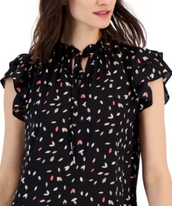 Anne Klein Women's Printed Ruffled Tie-Neck Flutter-Sleeve Top -CeCe cloth-shop 23542133 fpx