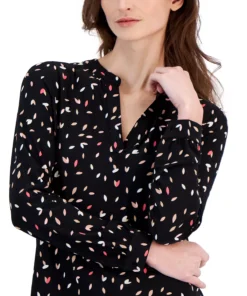 Anne Klein Women's Printed Split-Neck Long-Sleeve Top -CeCe cloth-shop 23542356 fpx