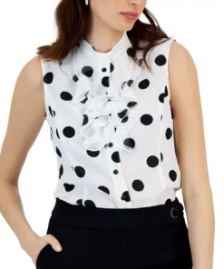 Kasper Women's Polka Dot Ruffle Neck Button Up Sleeveless Blouse -CeCe cloth-shop 23561083 fpx