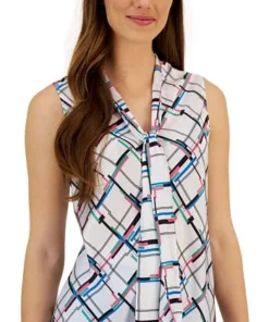Kasper Women's Printed Tie-Neck Sleeveless Blouse -CeCe cloth-shop 23561091 fpx