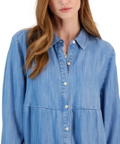 Style & Co Women's Tiered Button-Up Long-Sleeve Chambray Shirt, Created For Macy's -CeCe cloth-shop 23568152 fpx