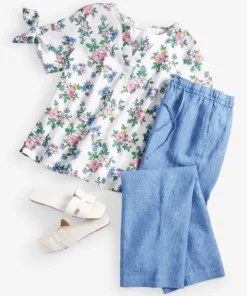 Charter Club Women's Linen Floral Tie-Sleeve Top, Created For Macy's -CeCe cloth-shop 23597385 fpx