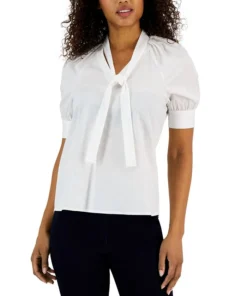 Anne Klein Women's Short-Sleeve Poplin Tie-Neck Top