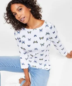 Charter Club Women's Butterfly-Print 3/4-Sleeve Top, Created For Macy's -CeCe cloth-shop 23601141 fpx