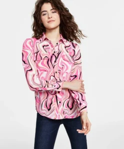 Bar III Women's Swirl Print Button Down Blouse, Created For Macy's