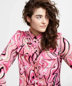 Bar III Women's Swirl Print Button Down Blouse, Created For Macy's -CeCe cloth-shop 23622313 fpx