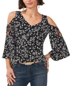 Vince Camuto Women's Printed V-Neck Cold Shoulder Blouse
