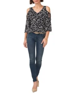 Vince Camuto Women's Printed V-Neck Cold Shoulder Blouse -CeCe cloth-shop 23626124 fpx