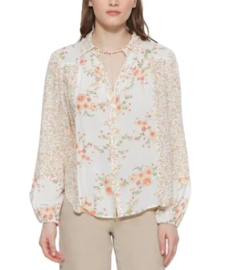 Black Tape Women's Mixed-Print Tie-Neck Button-Front Blouse