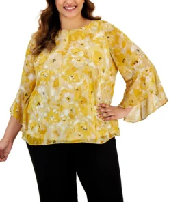 Kasper Plus Size Floral-Print Ruffle-3/4-Sleeve Top