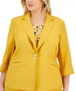 Kasper Plus Size Notch-Lapel Linen Snap-Front 3/4-Sleeve Blazer -CeCe cloth-shop 23649681 fpx