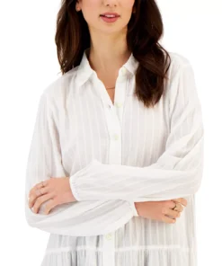Style & Co Women's Textured-Stripe Tiered Button Shirt, Created For Macy's -CeCe cloth-shop 23656380 fpx