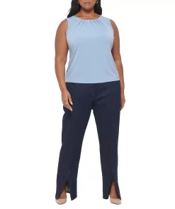 Calvin Klein Plus Size Slim-Leg Split-Front Denim Pants -CeCe cloth-shop 23666019 fpx