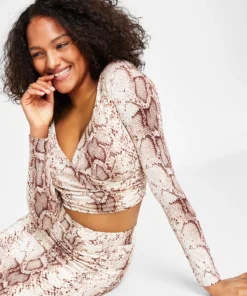Bar III Women's Snakeskin-Print Long-Sleeve Surplice Cropped Top, Created For Macy's -CeCe cloth-shop 23673318 fpx